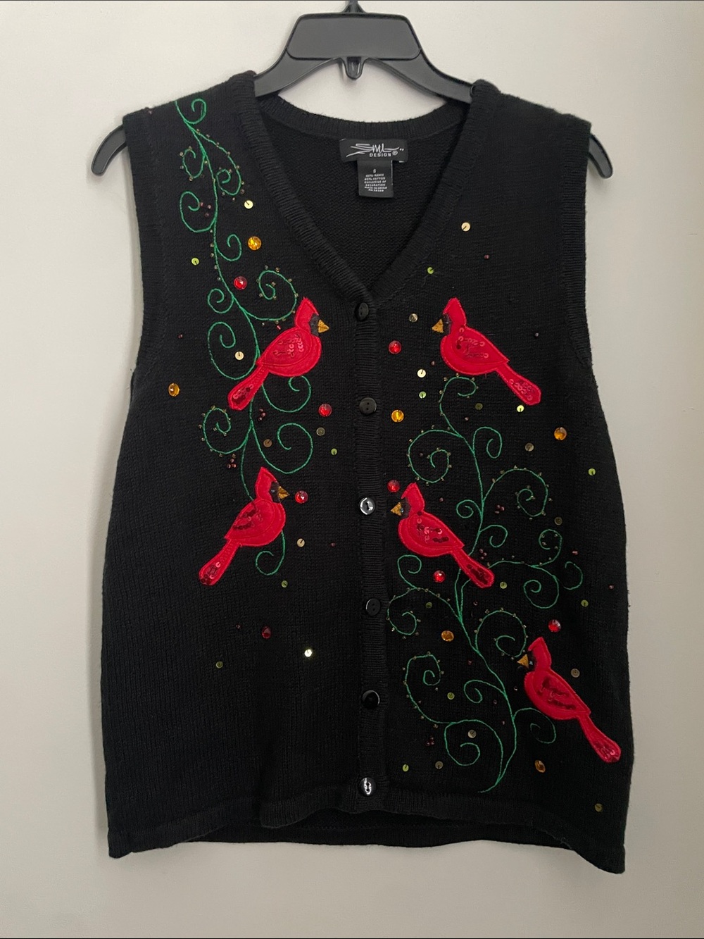 Vintage SML Design Holiday Cardinal Sequins Appliqué Sweater Vest Black Small